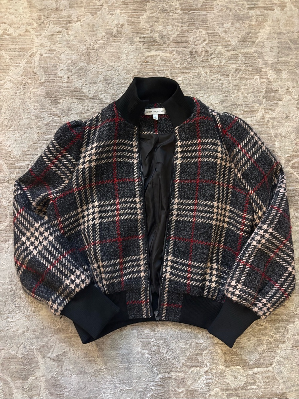 Express Plaid Bomber Jacket in Black, Cream & Red
